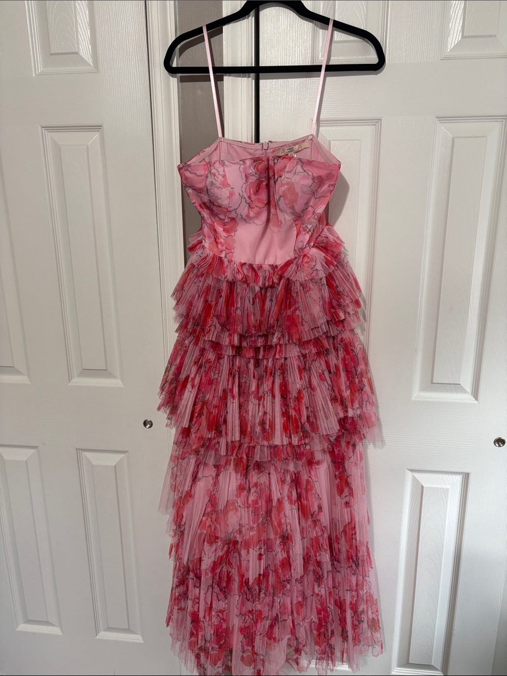 Hatch Pink and Red Floral Tiered Tulle Evening Dress